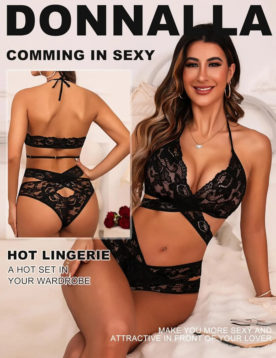 Donnalla Women Sexy Lingerie Set Two Piece Lace Bra and Panty Set Bralette Sleepwear