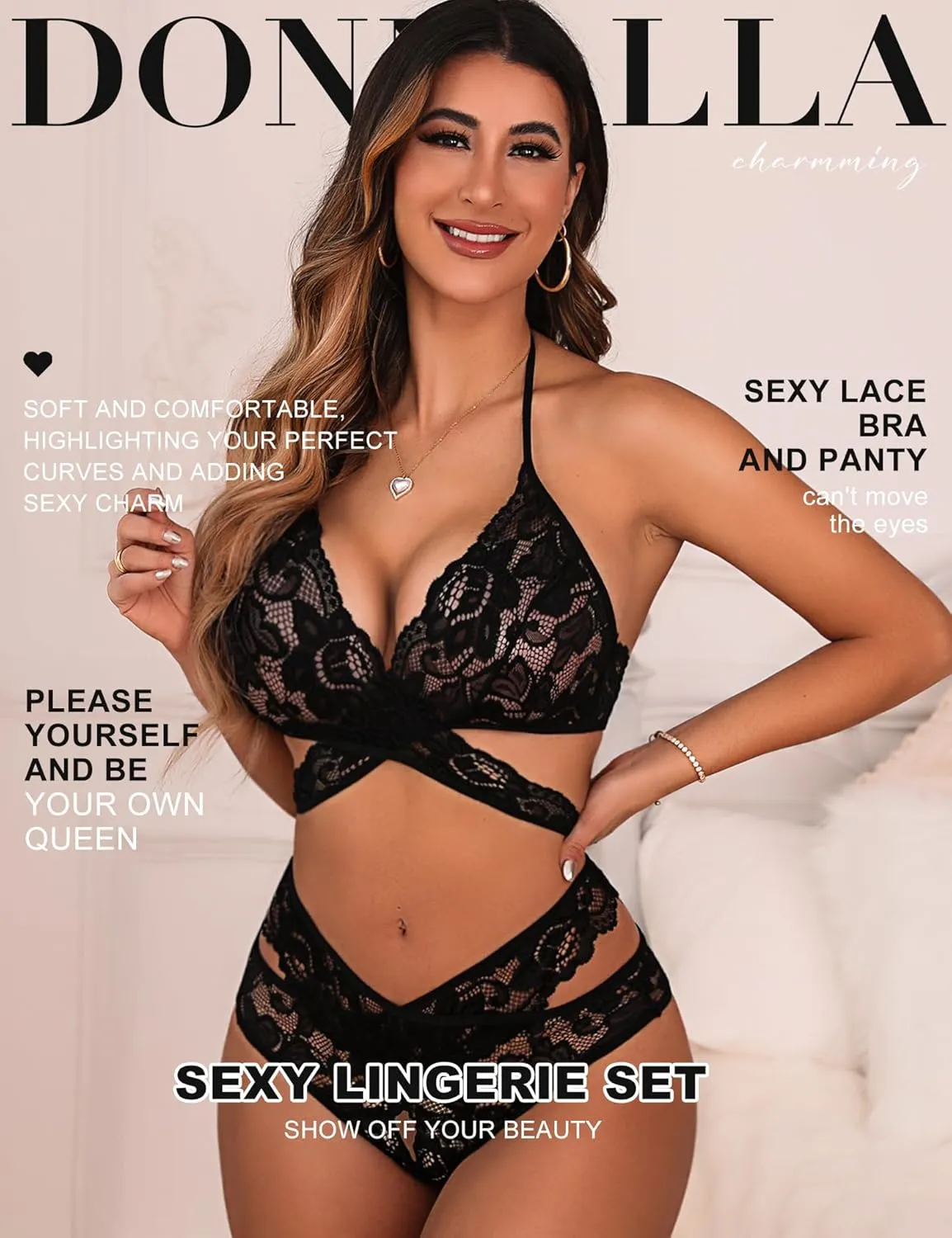 Donnalla Women Sexy Lingerie Set Two Piece Lace Bra and Panty Set Bralette Sleepwear