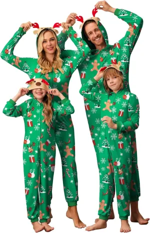 Ekouaer Christmas Onesie Matching Family Elk Antler Hooded Zipper One Piece Long Sleeve Pajamas with Pockets S-XXL
