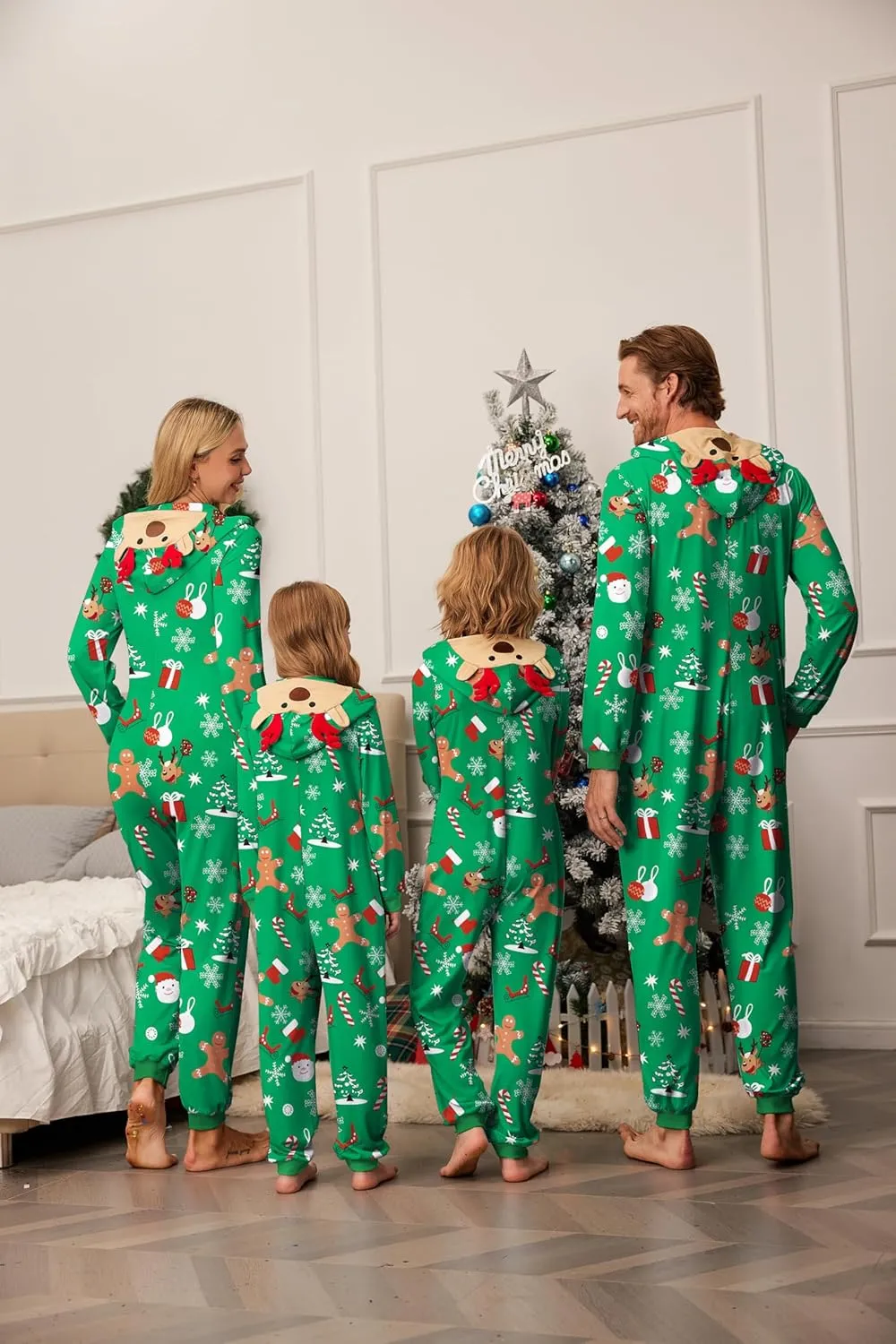Ekouaer Christmas Onesie Matching Family Elk Antler Hooded Zipper One Piece Long Sleeve Pajamas with Pockets S-XXL