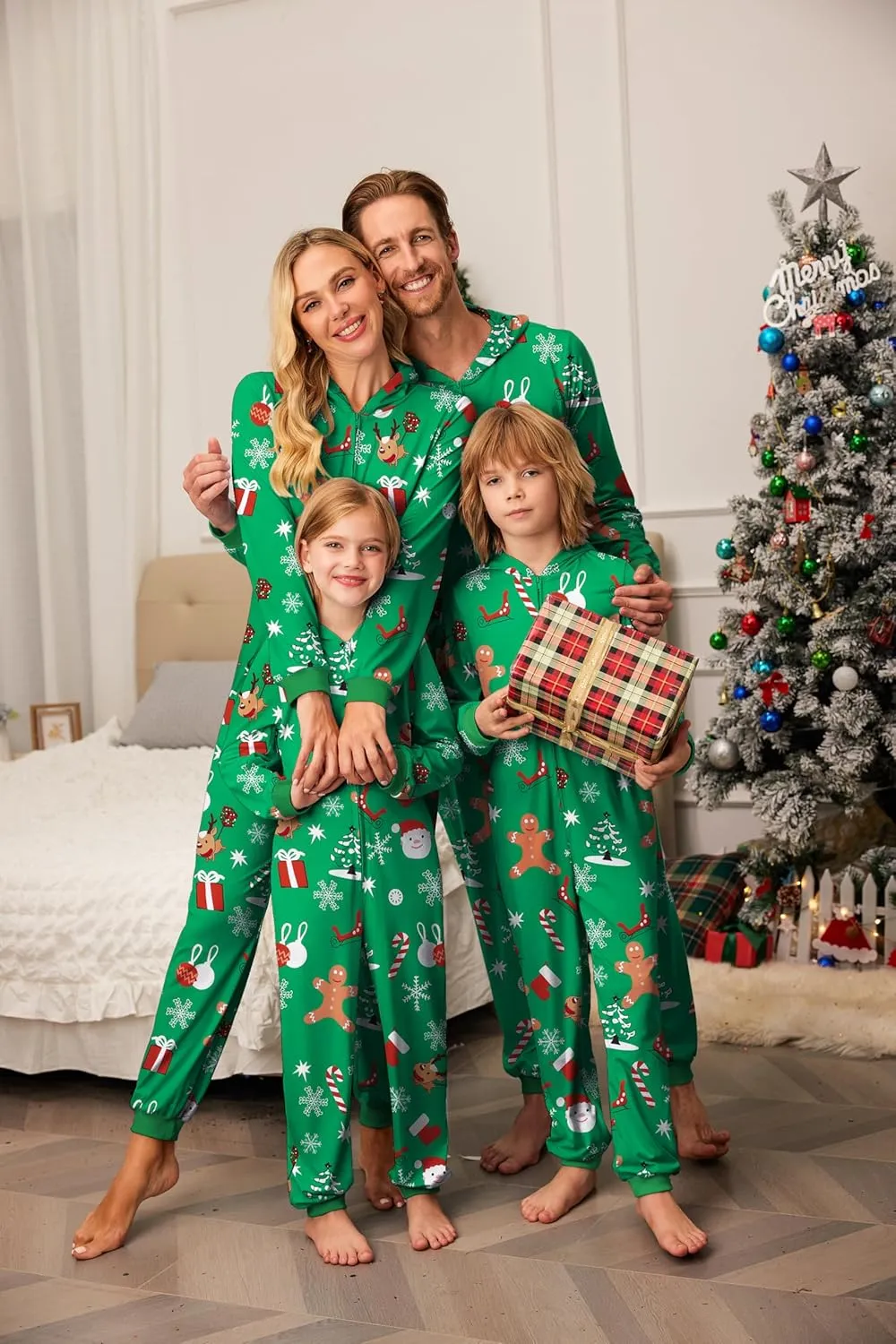 Ekouaer Christmas Onesie Matching Family Elk Antler Hooded Zipper One Piece Long Sleeve Pajamas with Pockets S-XXL