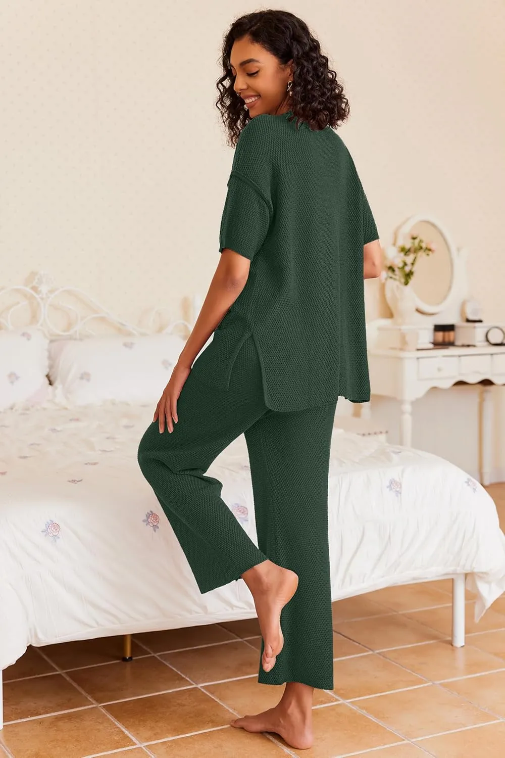 Ekouaer Lounge Sets for Women 2 Piece Pullover Sweater Set Knit Tops Wide Leg Pants Sweatsuits Casual Travel Outfits, S-XXL