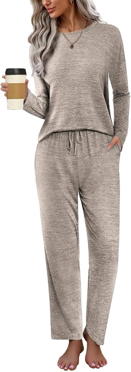 Ekouaer Pajama Set Womens Long Sleeve Sleepwear Pullover Top and Pants Cozy Loungewear Soft Pjs Lounge Set with Pockets S-XXL