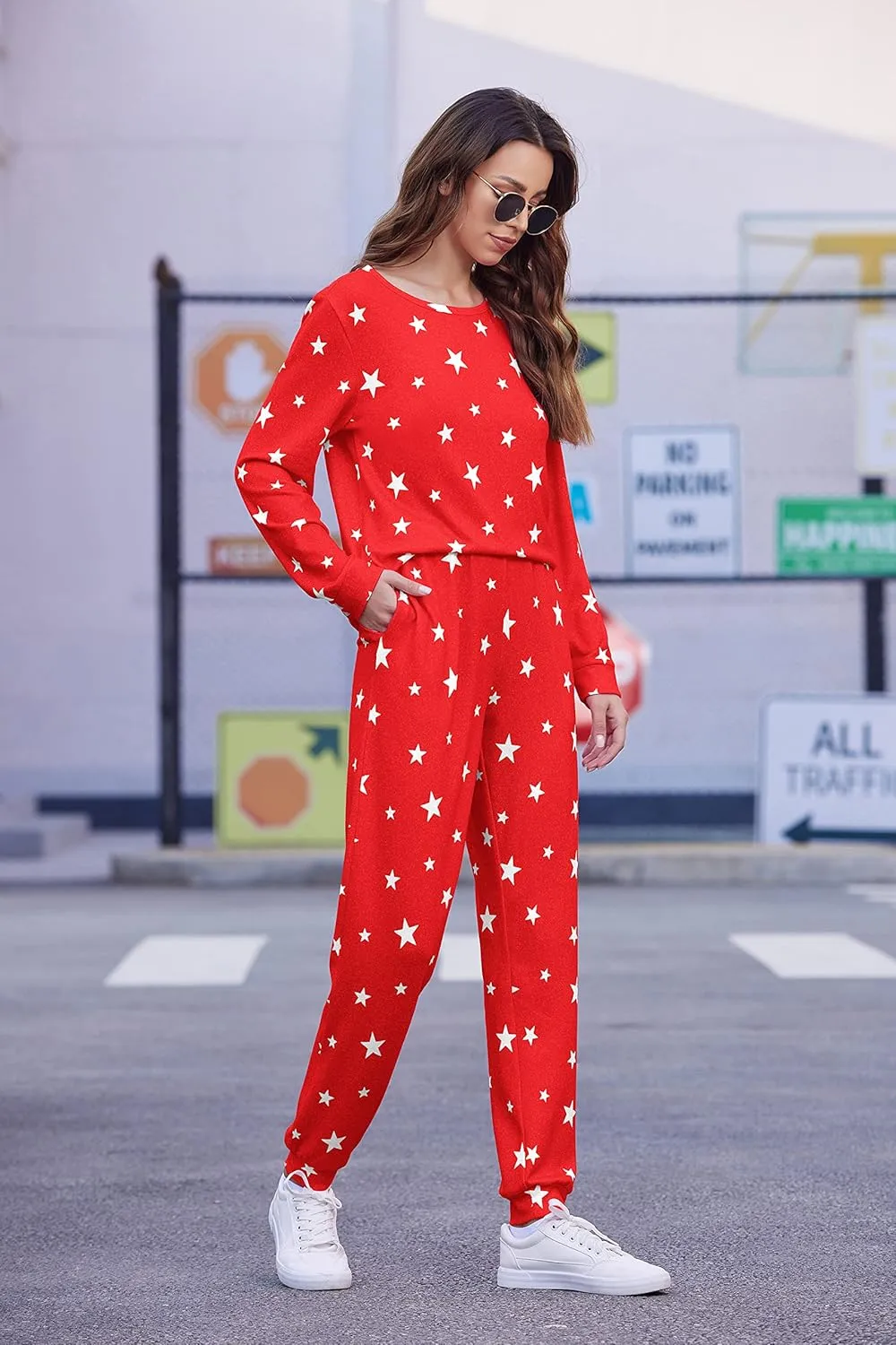 Ekouaer Womens Jogger Pajama Sets Long Sleeve Sleepwear Round Neck Nightwear Soft Pjs Lounge Sets with Pockets