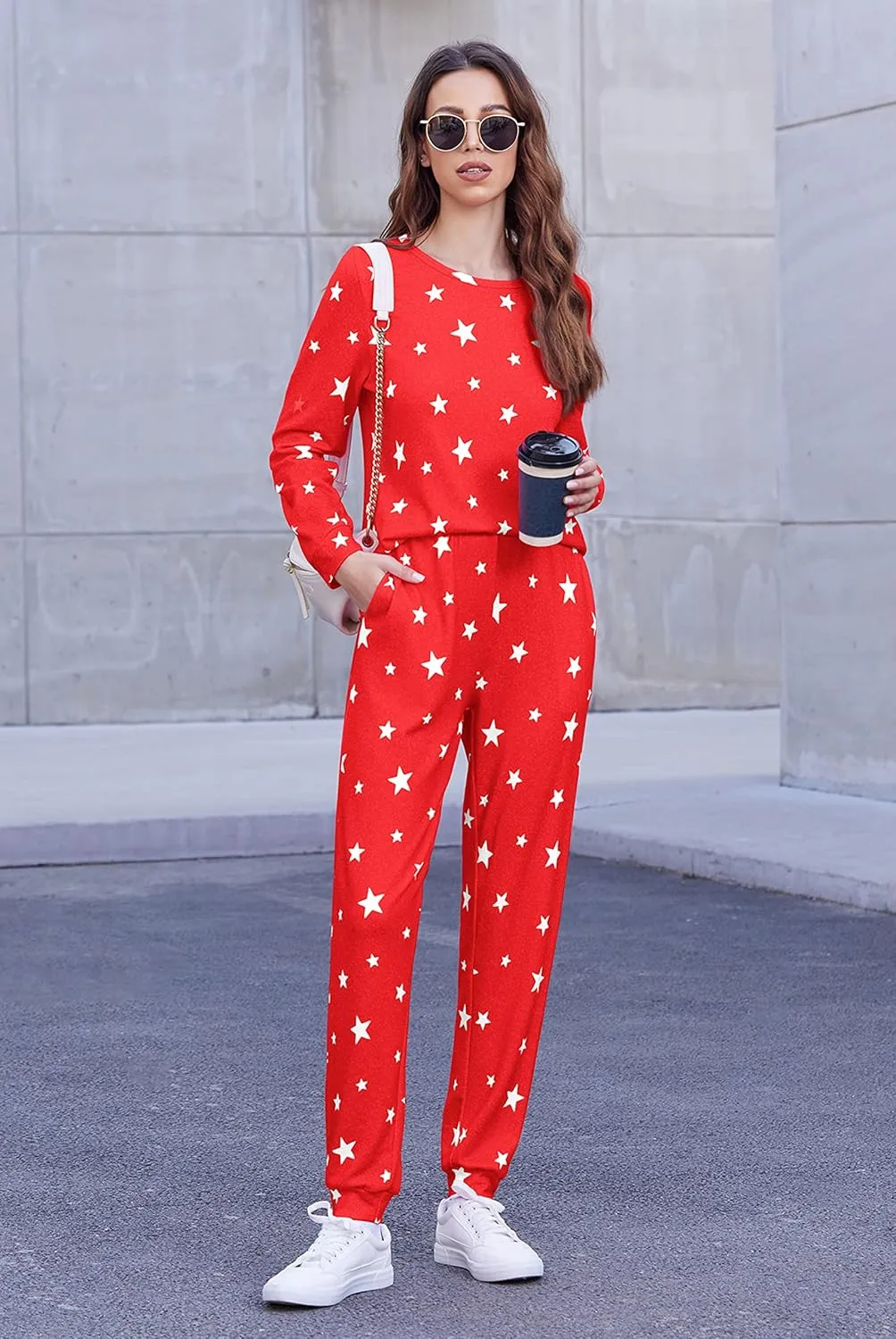 Ekouaer Womens Jogger Pajama Sets Long Sleeve Sleepwear Round Neck Nightwear Soft Pjs Lounge Sets with Pockets