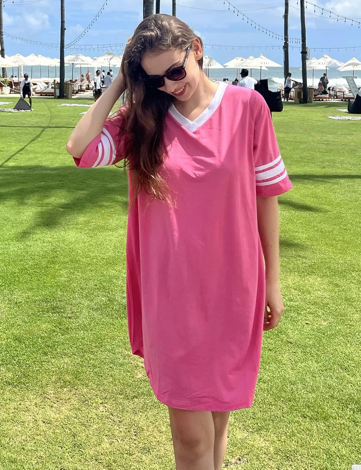 Ekouaer Womens Nightgown Cotton Sleepwear Short Sleeve Sleep Shirt V Neck Color Block Nightshirt