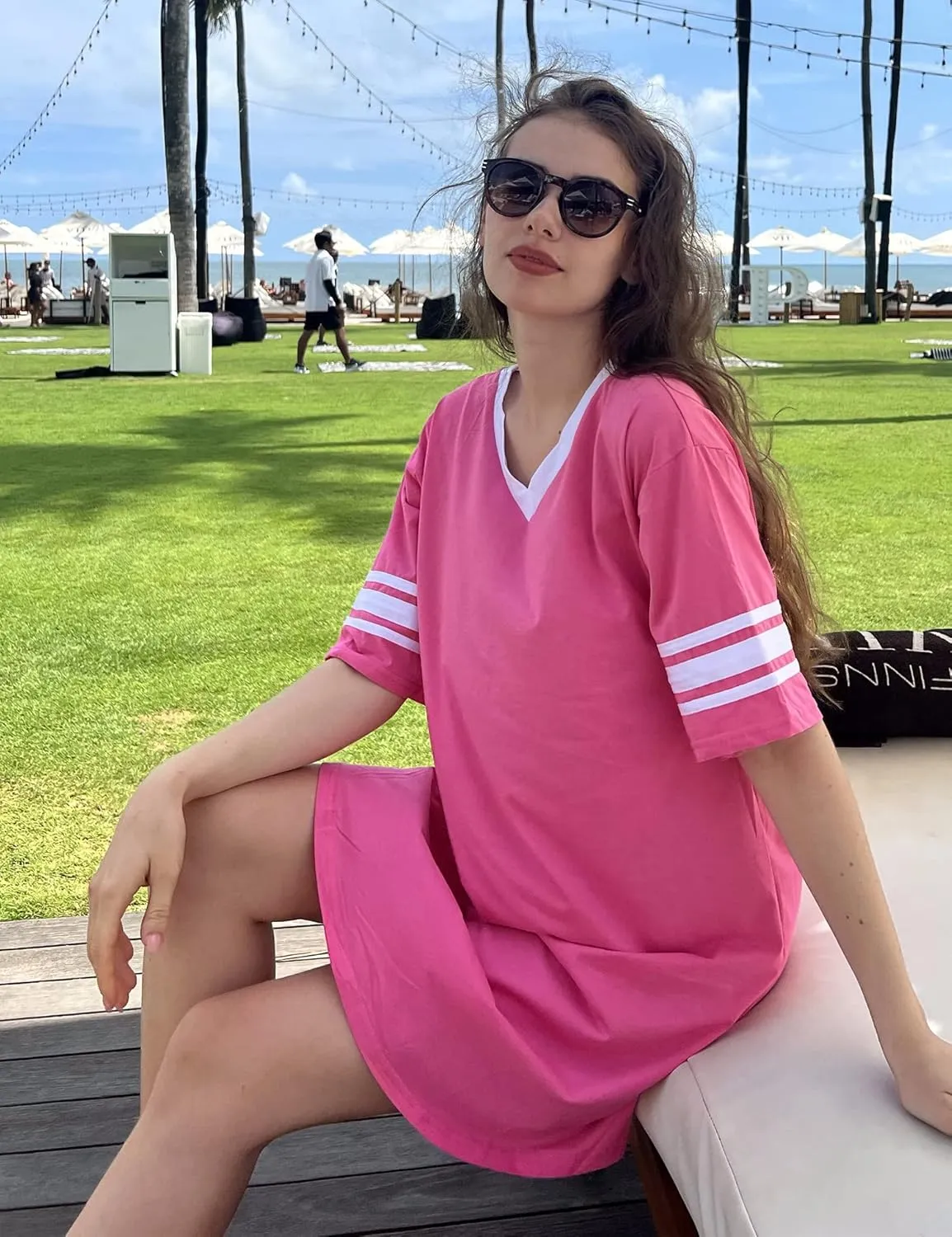 Ekouaer Womens Nightgown Cotton Sleepwear Short Sleeve Sleep Shirt V Neck Color Block Nightshirt