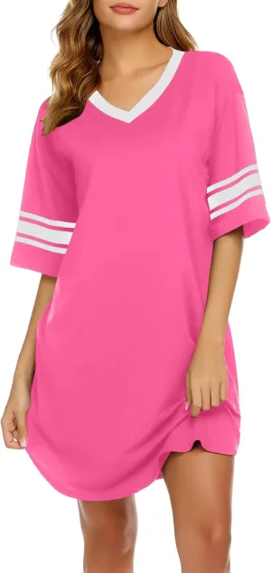 Ekouaer Womens Nightgown Cotton Sleepwear Short Sleeve Sleep Shirt V Neck Color Block Nightshirt