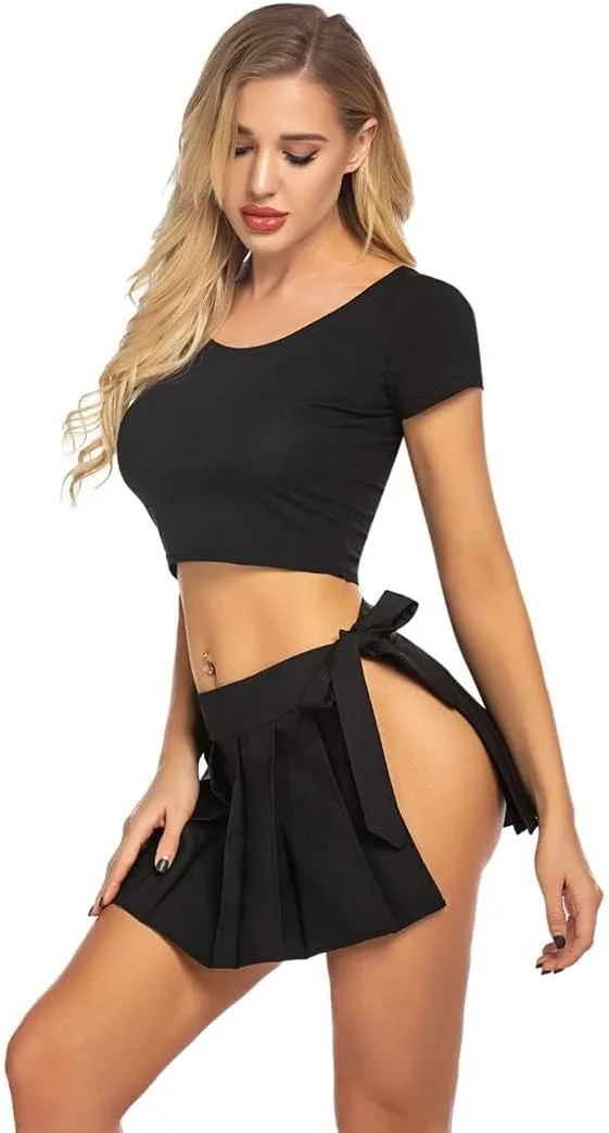 ELESOL Women Pleated Mini Skirt Role Play Solid Lingerie Skirts Costumes