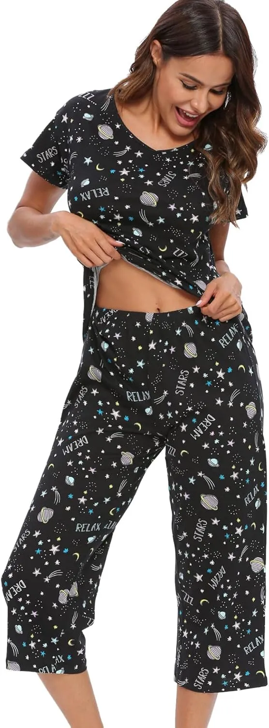 ENJOYNIGHT Womens Pajama Sets Cotton Pj Set Short Sleeve Top With Capri Pants Sleepwear 2 Piece Lounge Set
