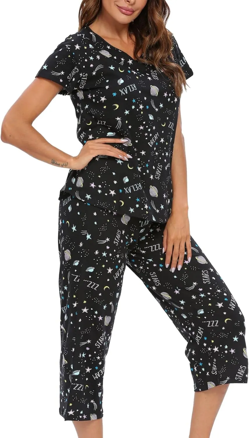 ENJOYNIGHT Womens Pajama Sets Cotton Pj Set Short Sleeve Top With Capri Pants Sleepwear 2 Piece Lounge Set