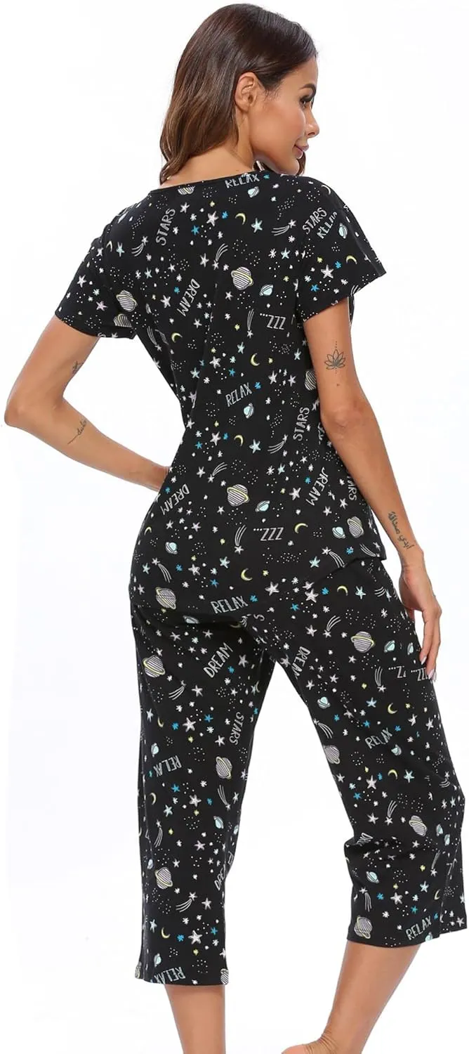 ENJOYNIGHT Womens Pajama Sets Cotton Pj Set Short Sleeve Top With Capri Pants Sleepwear 2 Piece Lounge Set