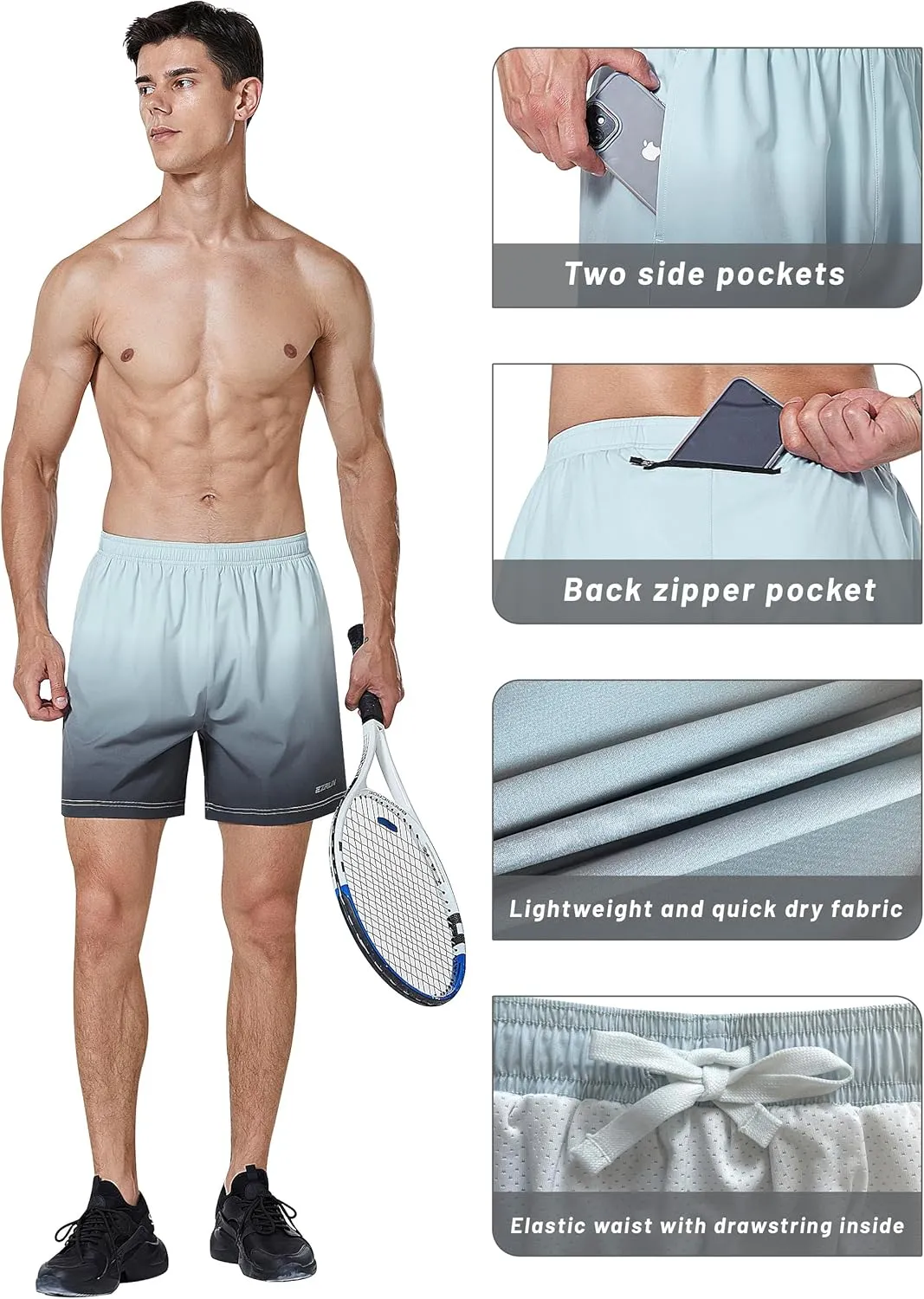 EZRUN Men's 5 Inches Running Workout Shorts Quick Dry Lightweight Athletic Shorts with Liner Zipper Pockets