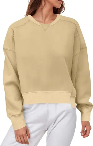 Fall Crew Neck Sweatshirts Women Solid Pullover Cropped Sweatshirt Long Sleeve Winter Side Split Sweaters Trendy 2024