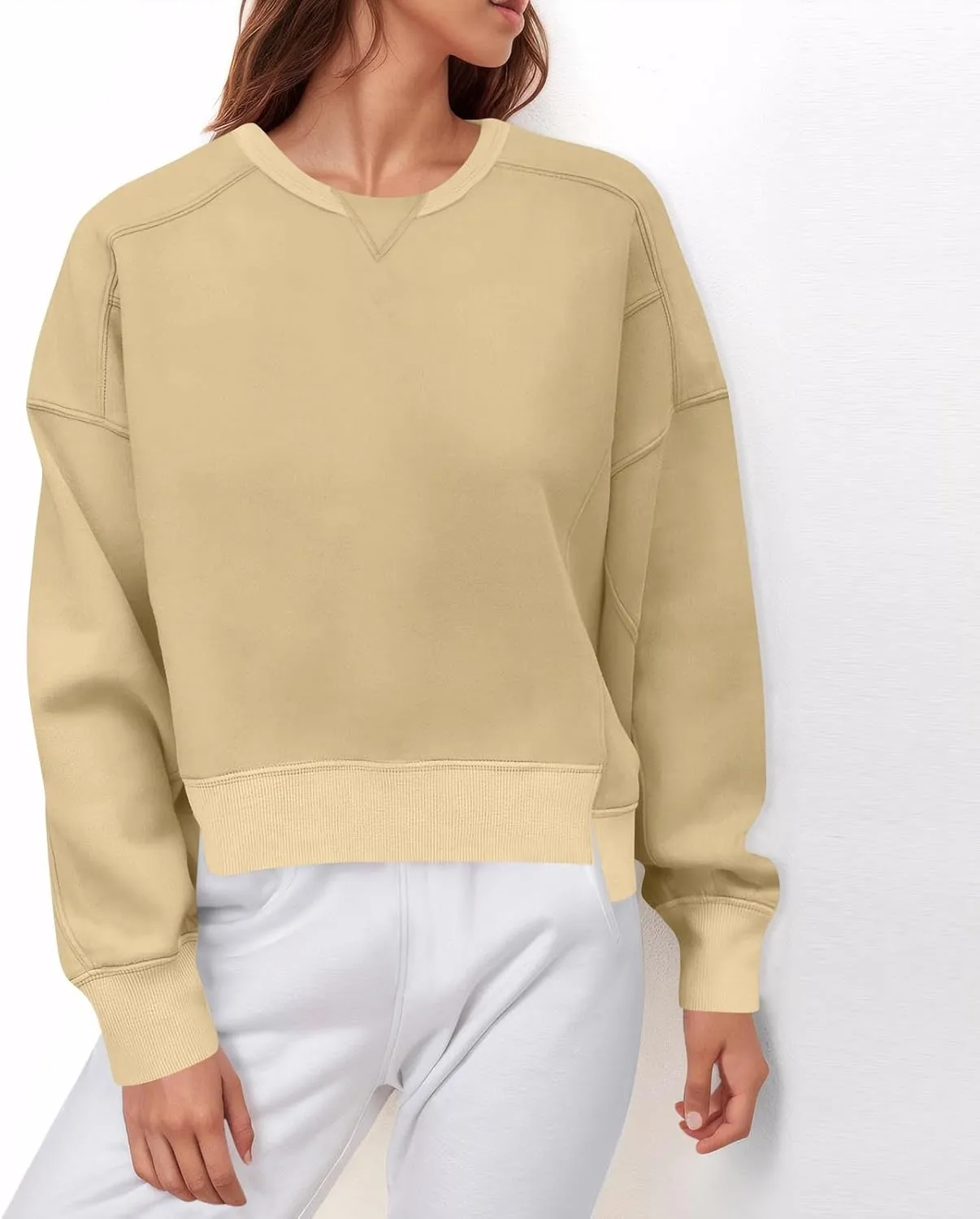 Fall Crew Neck Sweatshirts Women Solid Pullover Cropped Sweatshirt Long Sleeve Winter Side Split Sweaters Trendy 2024