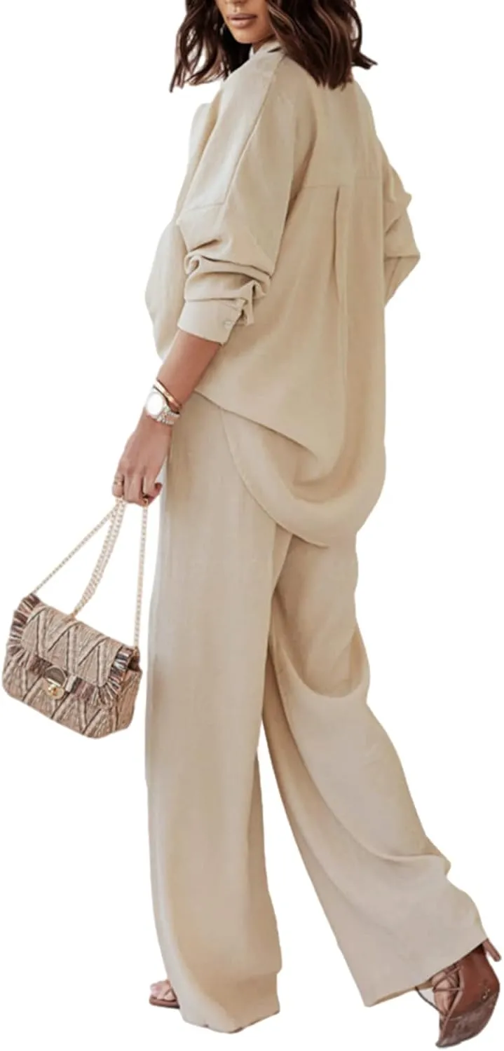 Faretumiya Women 2 Piece Cotton Linen Outfits Casual Button Down Shirt Wide Leg Long Pants Sets Tracksuit Jumpsuit