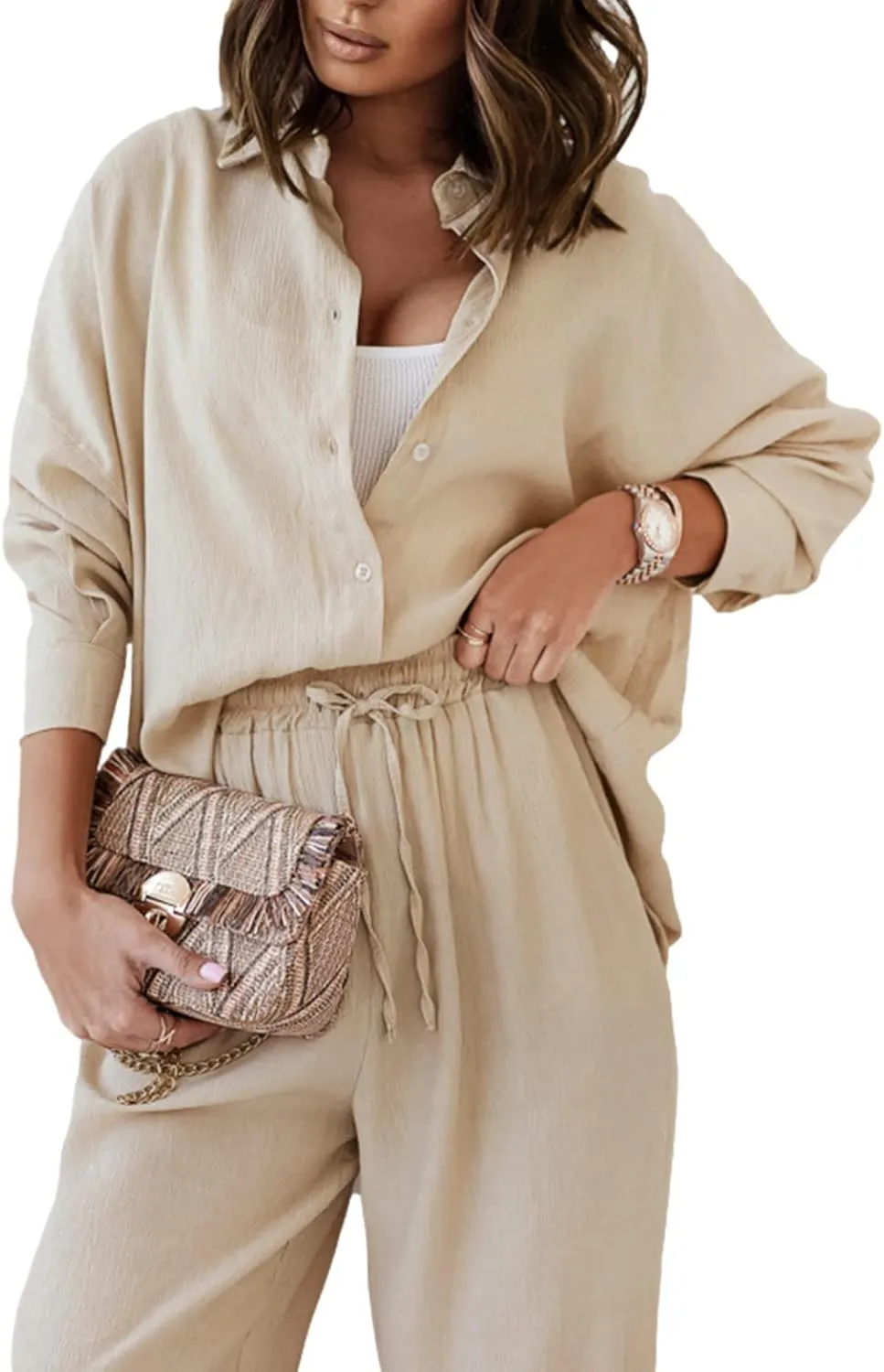 Faretumiya Women 2 Piece Cotton Linen Outfits Casual Button Down Shirt Wide Leg Long Pants Sets Tracksuit Jumpsuit