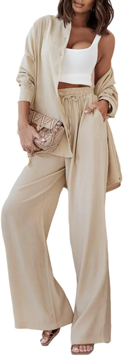 Faretumiya Women 2 Piece Cotton Linen Outfits Casual Button Down Shirt Wide Leg Long Pants Sets Tracksuit Jumpsuit