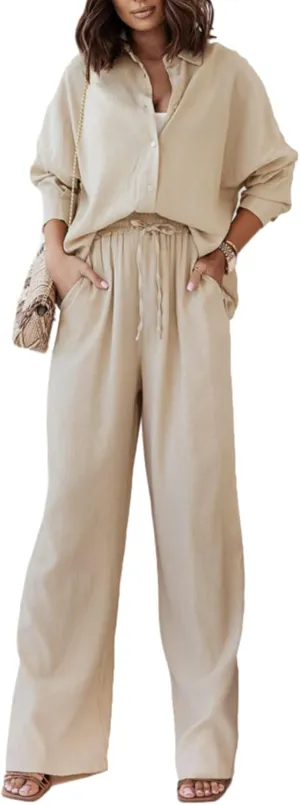 Faretumiya Women 2 Piece Cotton Linen Outfits Casual Button Down Shirt Wide Leg Long Pants Sets Tracksuit Jumpsuit