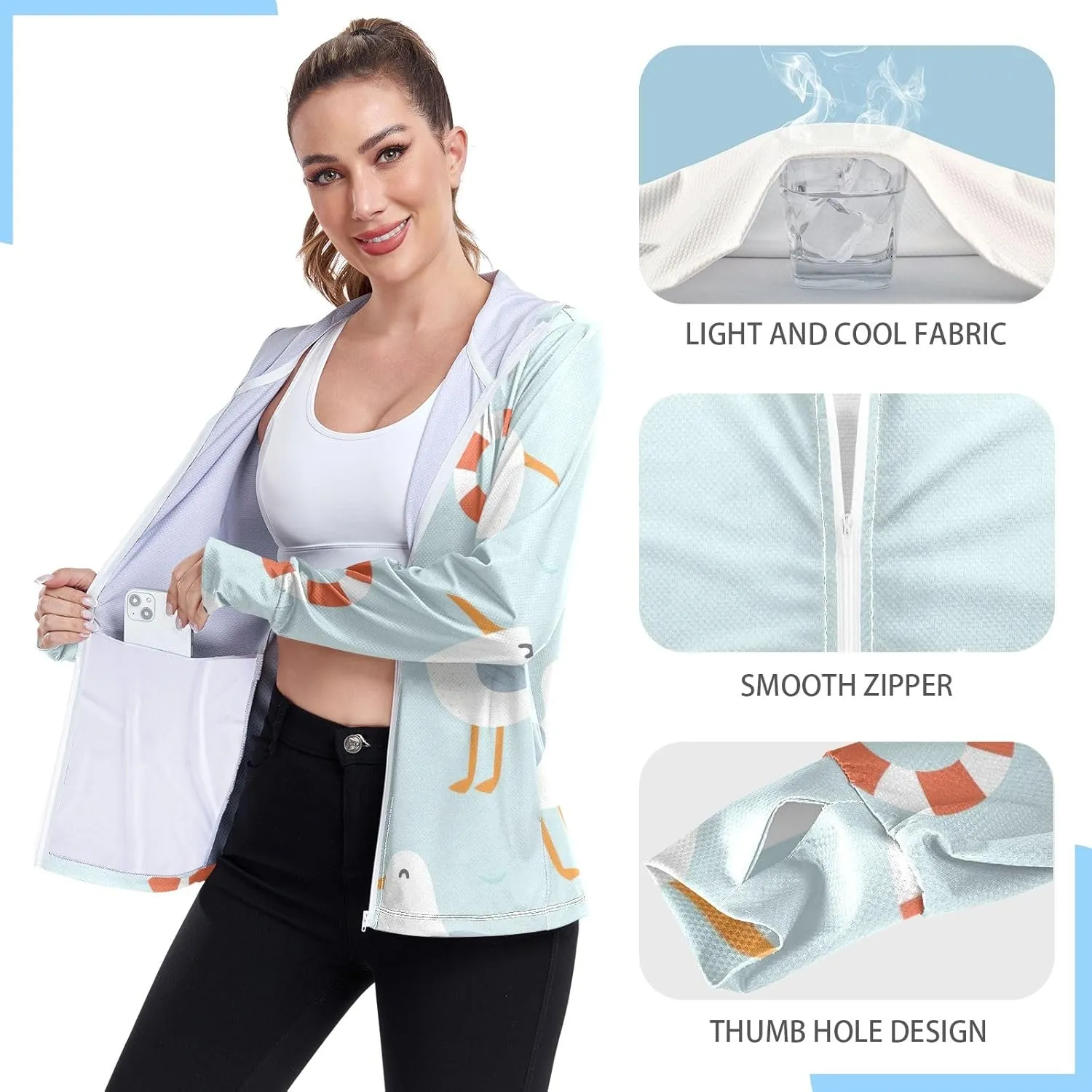 GAIGEO Dolphin Beach Marine White Women Jacket Active UPF 50  Upf Clothing Women, Secure Pockets, S