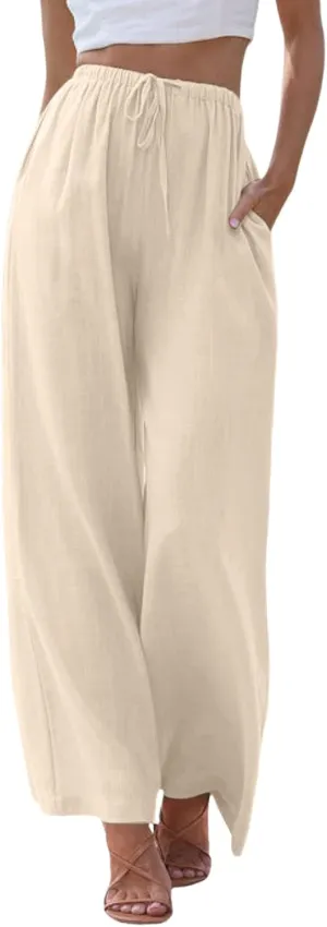 Gauze Pants Women Cotton Linen Summer Palazzo Pants Flowy Wide Leg Beach Trousers with Pockets