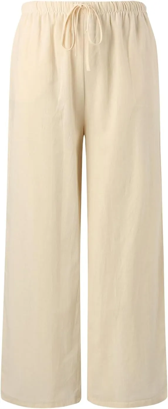 Gauze Pants Women Cotton Linen Summer Palazzo Pants Flowy Wide Leg Beach Trousers with Pockets