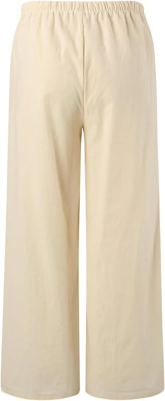Gauze Pants Women Cotton Linen Summer Palazzo Pants Flowy Wide Leg Beach Trousers with Pockets