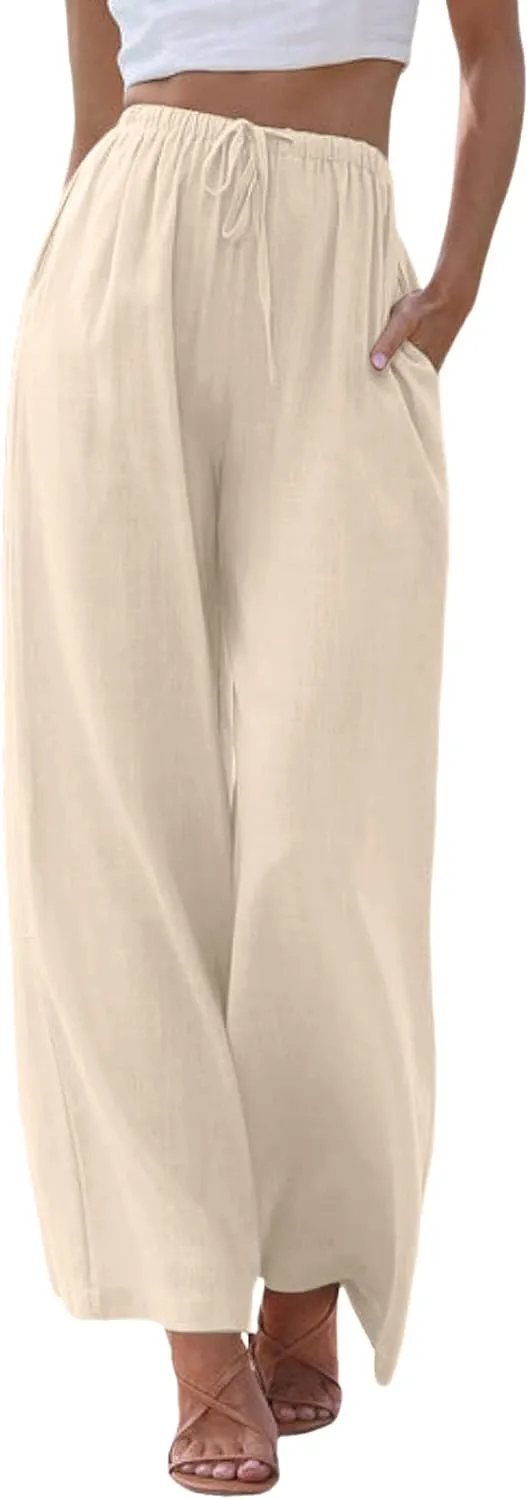 Gauze Pants Women Cotton Linen Summer Palazzo Pants Flowy Wide Leg Beach Trousers with Pockets