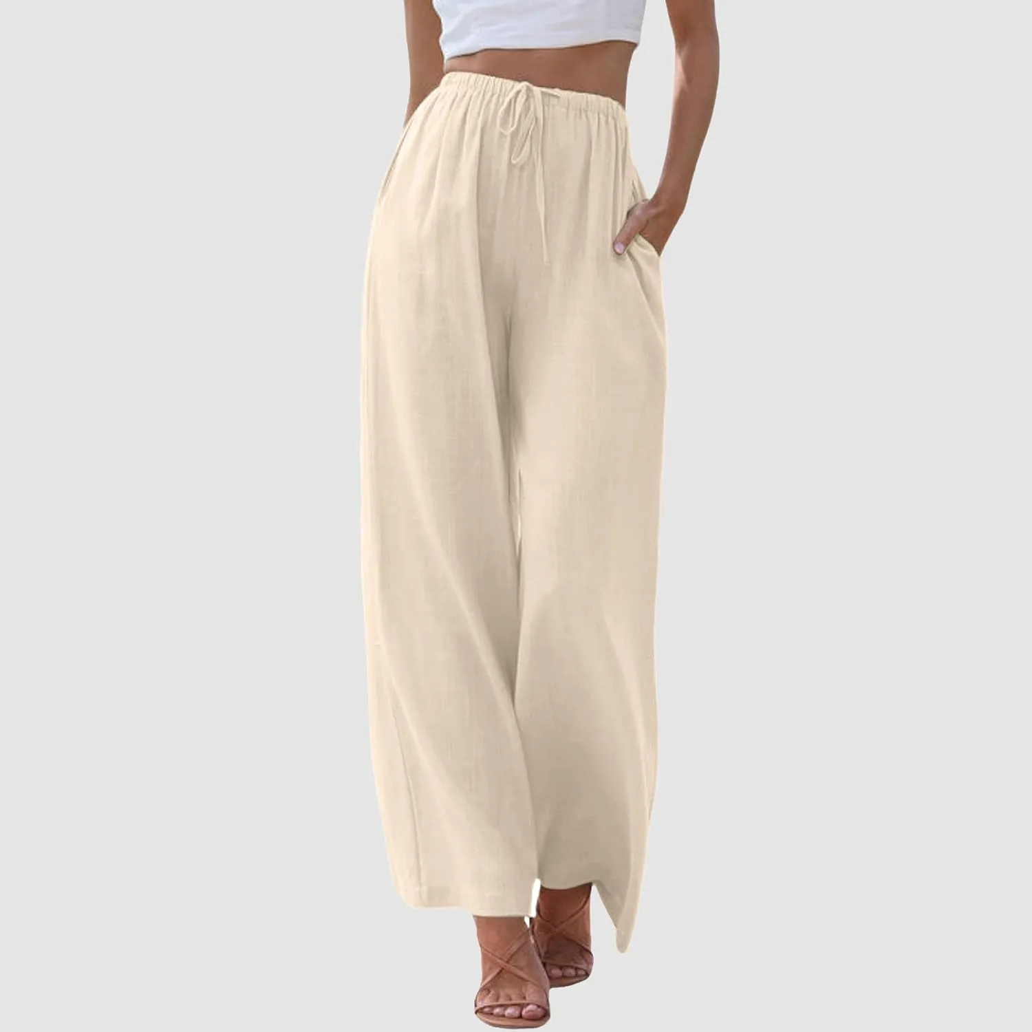 Gauze Pants Women Cotton Linen Summer Palazzo Pants Flowy Wide Leg Beach Trousers with Pockets