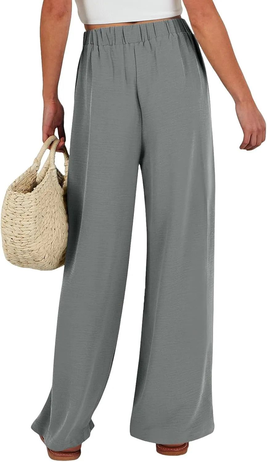 Gumipy Women's Palazzo Linen Pants Adjustable Tie Knot High Waisted Wide Leg Pants Loose Lounge Trousers Pants with Pockets