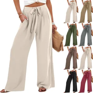 Gumipy Women's Palazzo Linen Pants Adjustable Tie Knot High Waisted Wide Leg Pants Loose Lounge Trousers Pants with Pockets