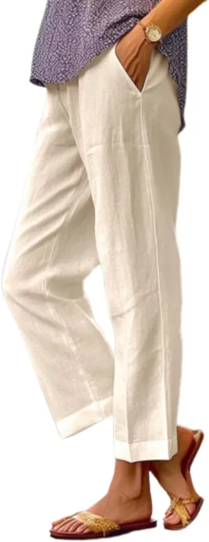 Guteidee Women's Cotton Linen Pants Casual Drawstring Loose Elastic Waist Beach Trousers with Pockets