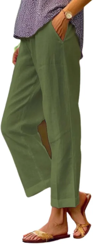 Guteidee Women's Cotton Linen Pants Casual Drawstring Loose Elastic Waist Beach Trousers with Pockets