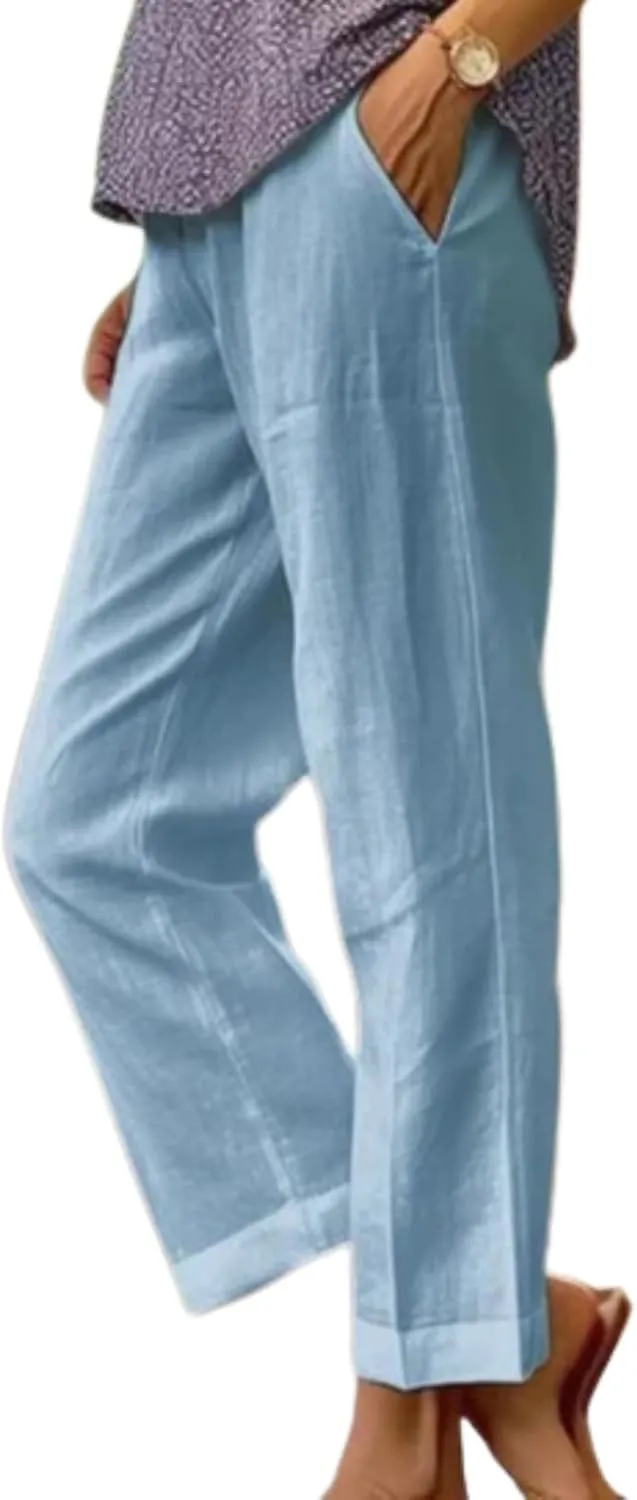 Guteidee Women's Cotton Linen Pants Casual Drawstring Loose Elastic Waist Beach Trousers with Pockets