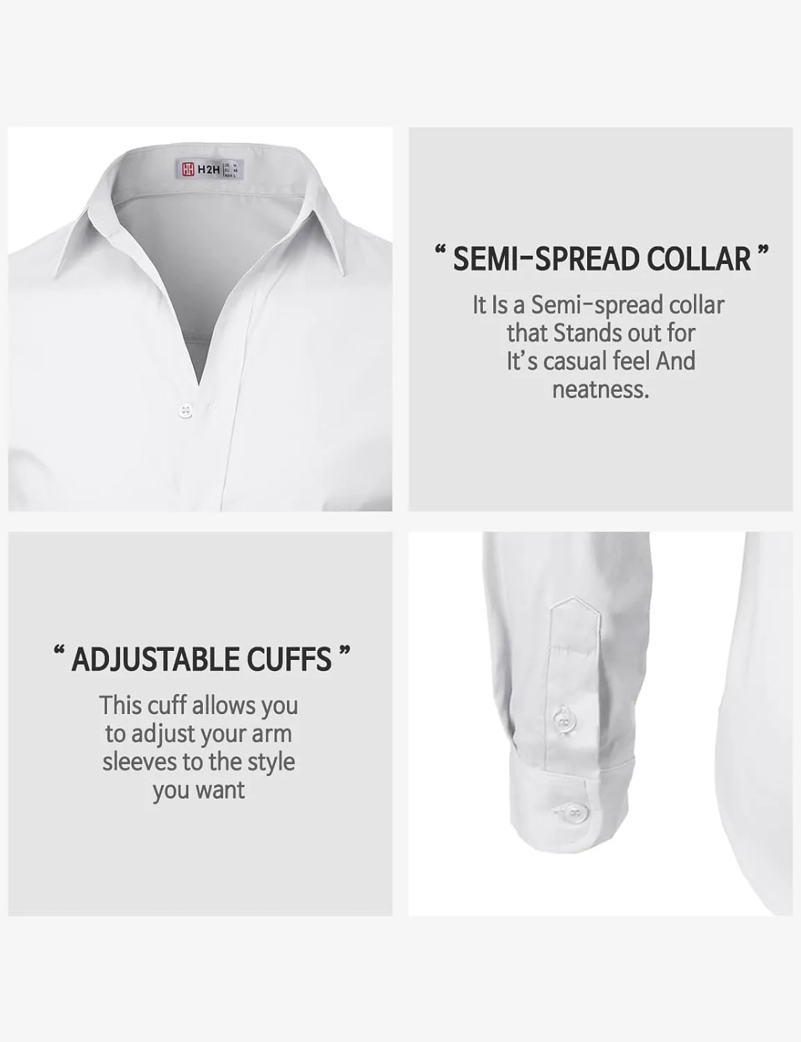 H2H Mens Slim Fit Dress Shirts Stretch Long Sleeve Basic Formal Shirts Solid Business Casual Button Down Shirts