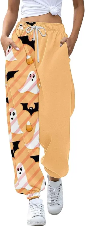 Halloween Sweatpants for Women Funny Ghost Print Workout Joggers Pants Drawstring Lounge Bottoms Pants with Pockets