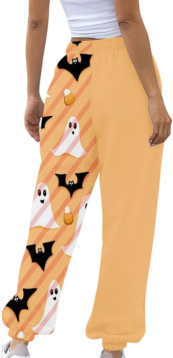 Halloween Sweatpants for Women Funny Ghost Print Workout Joggers Pants Drawstring Lounge Bottoms Pants with Pockets