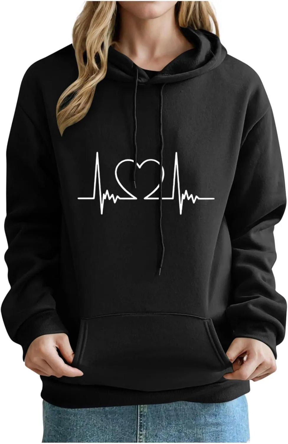 Heartbeat Graphic Hoodie for Women Oversized Casual Pullover Long Sleeve Relaxed Fit Comfy Loungewear Homewear