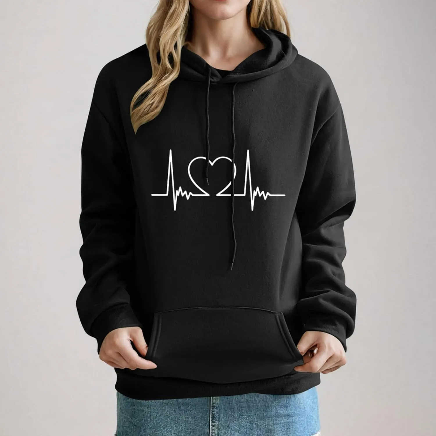 Heartbeat Graphic Hoodie for Women Oversized Casual Pullover Long Sleeve Relaxed Fit Comfy Loungewear Homewear