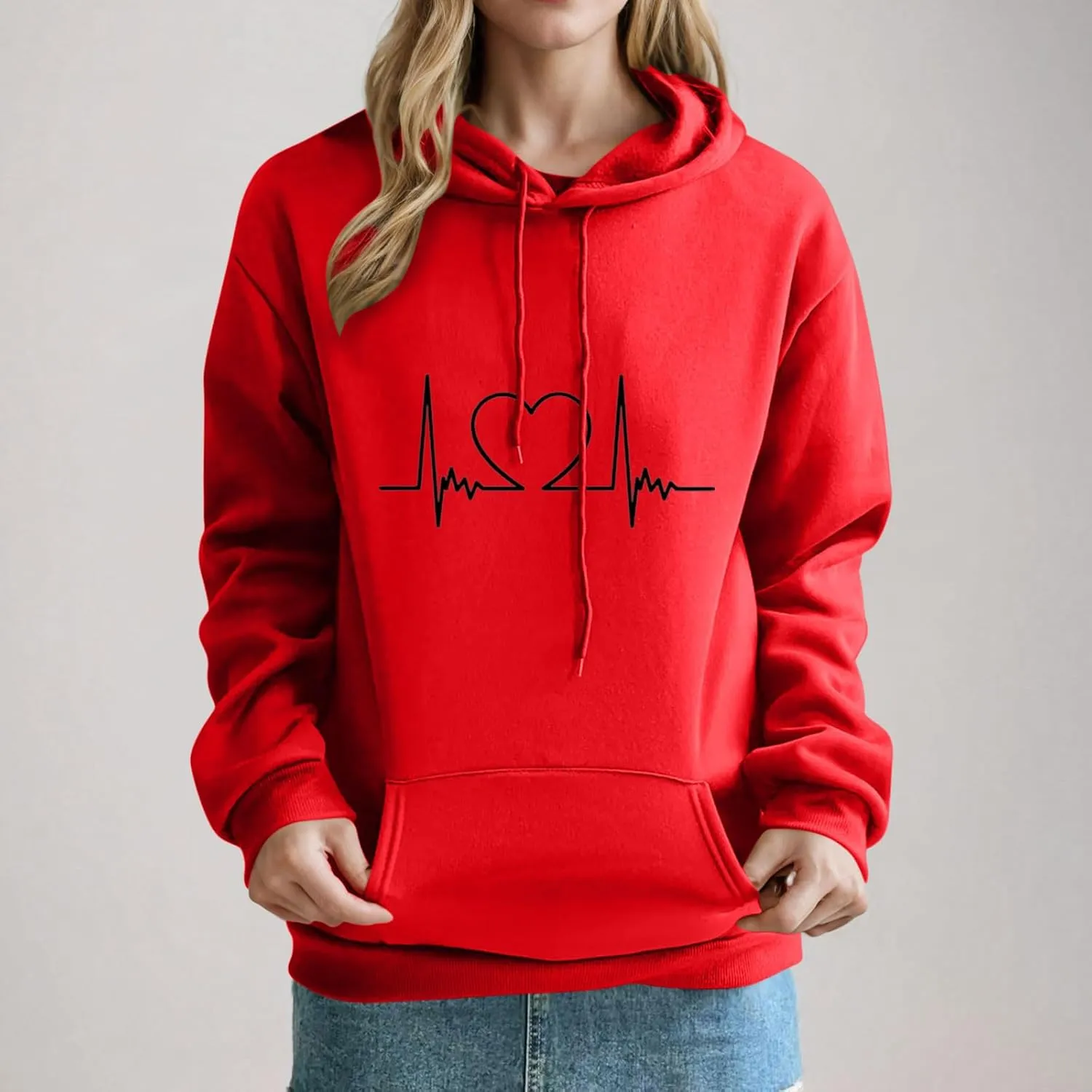 Heartbeat Graphic Hoodie for Women Oversized Casual Pullover Long Sleeve Relaxed Fit Comfy Loungewear Homewear