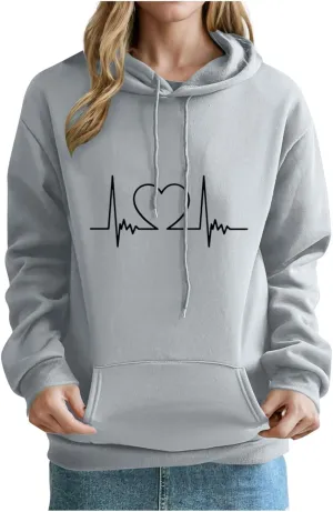Heartbeat Graphic Hoodie for Women Oversized Casual Pullover Long Sleeve Relaxed Fit Comfy Loungewear Homewear