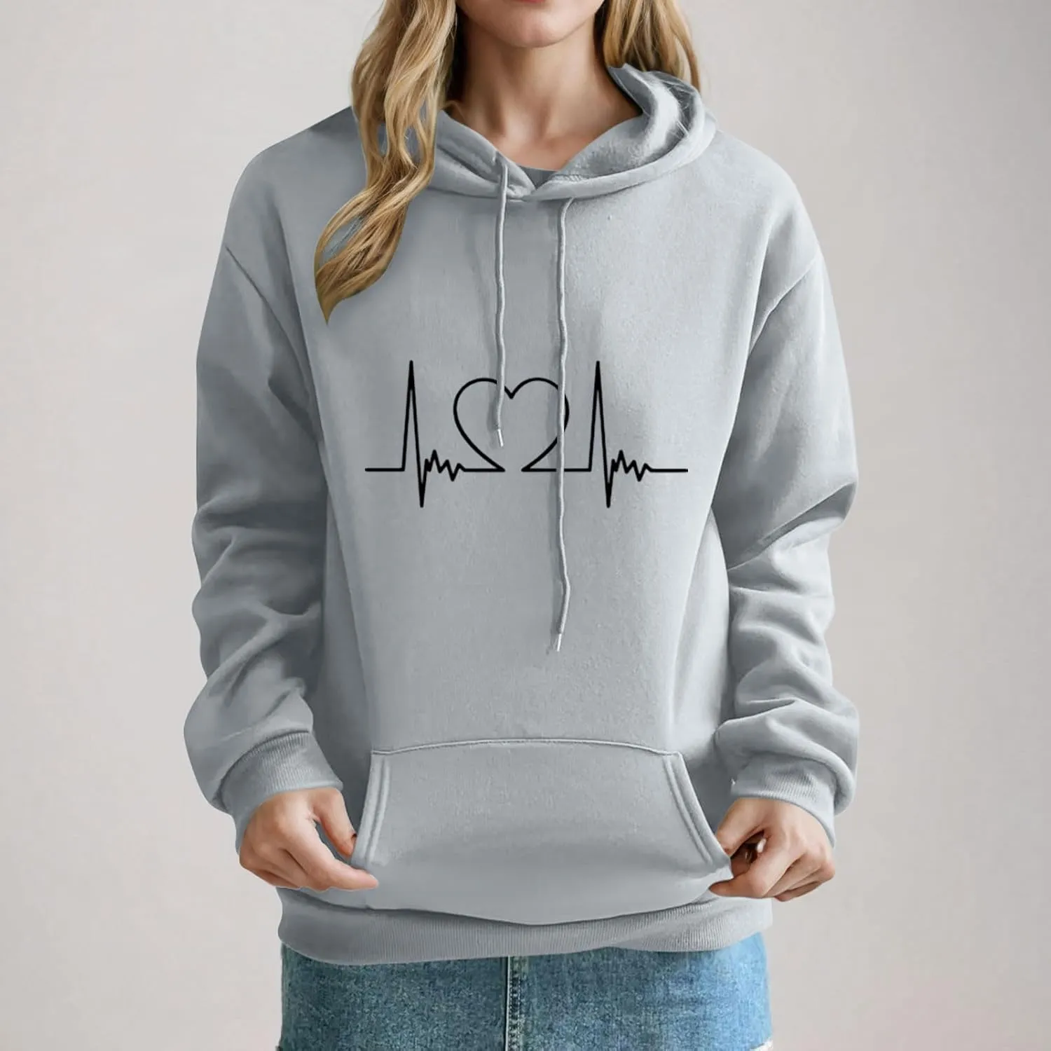 Heartbeat Graphic Hoodie for Women Oversized Casual Pullover Long Sleeve Relaxed Fit Comfy Loungewear Homewear