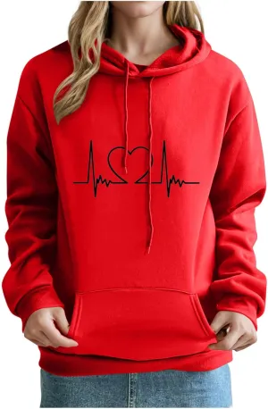 Heartbeat Graphic Hoodie for Women Oversized Casual Pullover Long Sleeve Relaxed Fit Comfy Loungewear Homewear