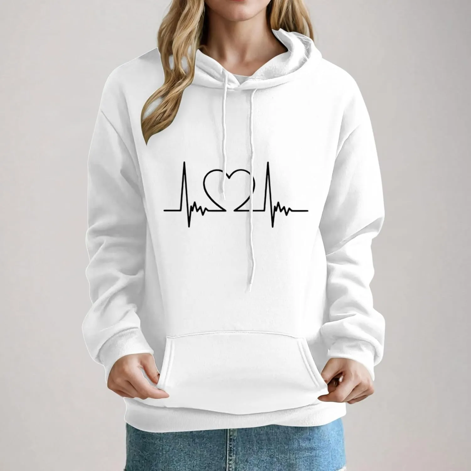 Heartbeat Graphic Hoodie for Women Oversized Casual Pullover Long Sleeve Relaxed Fit Comfy Loungewear Homewear