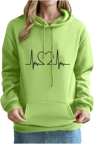 Heartbeat Graphic Hoodie for Women Oversized Casual Pullover Long Sleeve Relaxed Fit Comfy Loungewear Homewear