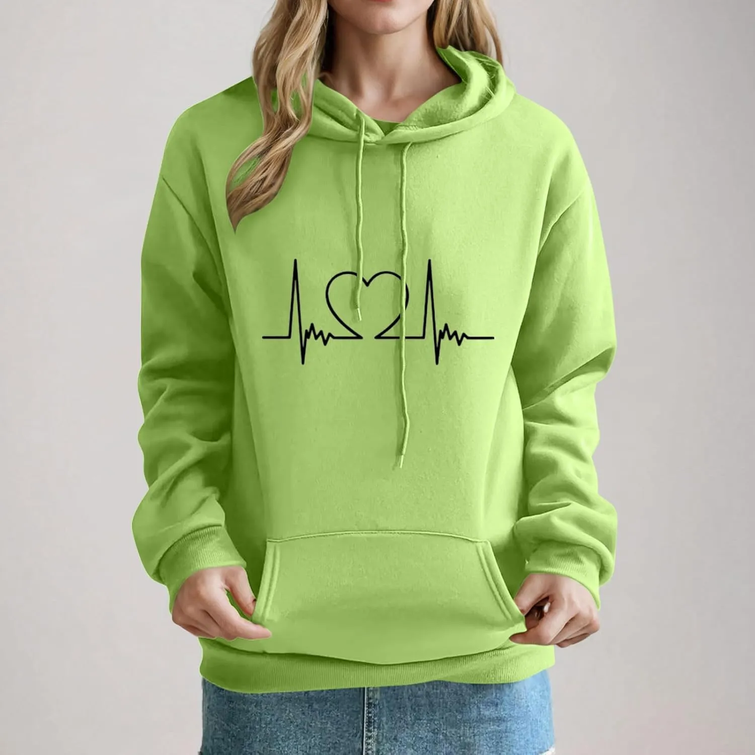 Heartbeat Graphic Hoodie for Women Oversized Casual Pullover Long Sleeve Relaxed Fit Comfy Loungewear Homewear
