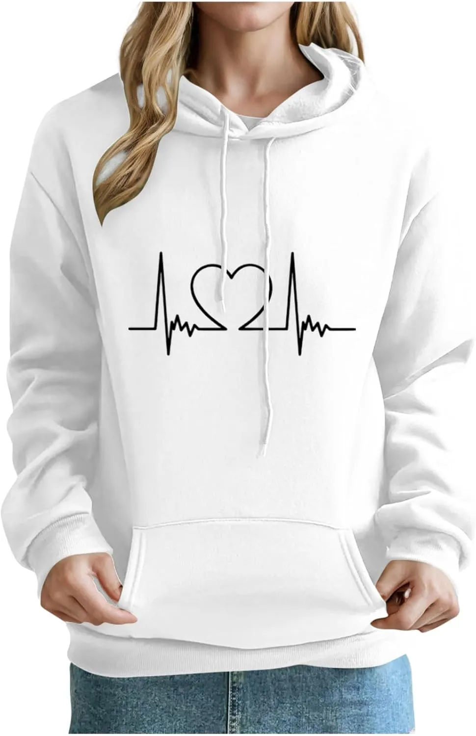 Heartbeat Graphic Hoodie for Women Oversized Casual Pullover Long Sleeve Relaxed Fit Comfy Loungewear Homewear