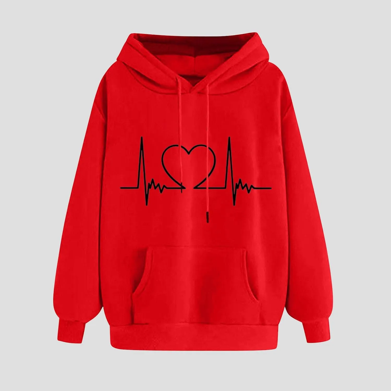Heartbeat Graphic Hoodie for Women Oversized Casual Pullover Long Sleeve Relaxed Fit Comfy Loungewear Homewear