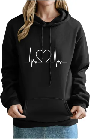 Heartbeat Graphic Hoodie for Women Oversized Casual Pullover Long Sleeve Relaxed Fit Comfy Loungewear Homewear