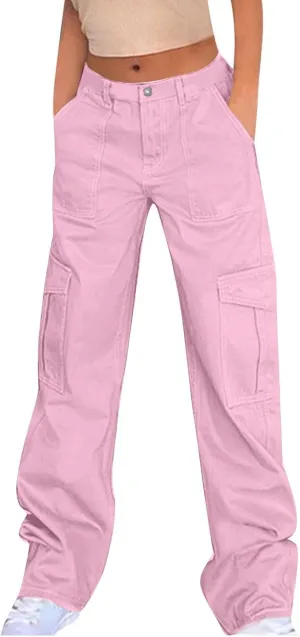 High Waist Stretch Cargo Pants for Women Baggy Multiple Pockets Relaxed Fit Trousers Straight Wide Leg Y2K Streetwear